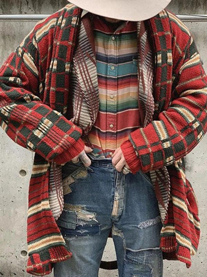 Long Plaid Knitted Men Cardigan Sweater - Cardigan Sweater - LeStyleParfait