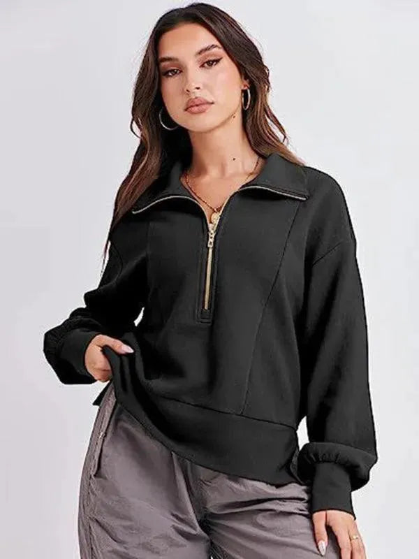 Loose Zipper Neck Women Sweatshirt - Women Sweatshirt - LeStyleParfait