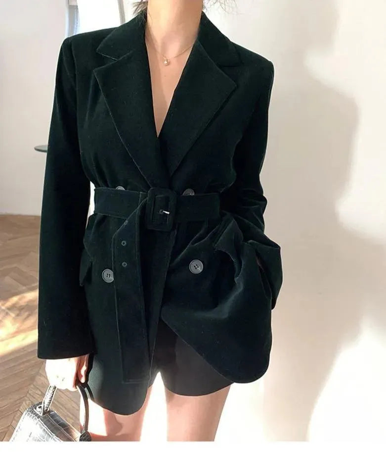 Lustrous Velvet Belted Oversized Blazer Women - Casual - Plain-Solid - Velvet Blazer - LeStyleParfait