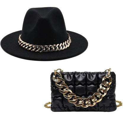 Luxury Fedora Hat And Oversized Chain Handbag - Fedora Hat - LeStyleParfait