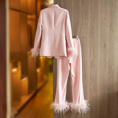 Luxury Pink Feather Pantsuit - Pantsuit - LeStyleParfait