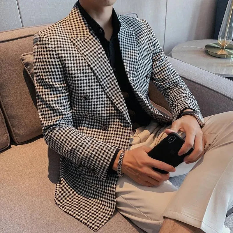 Men Blazer - Double-Breasted Houndstooth Blazer - Double-Breasted Blazer - LeStyleParfait