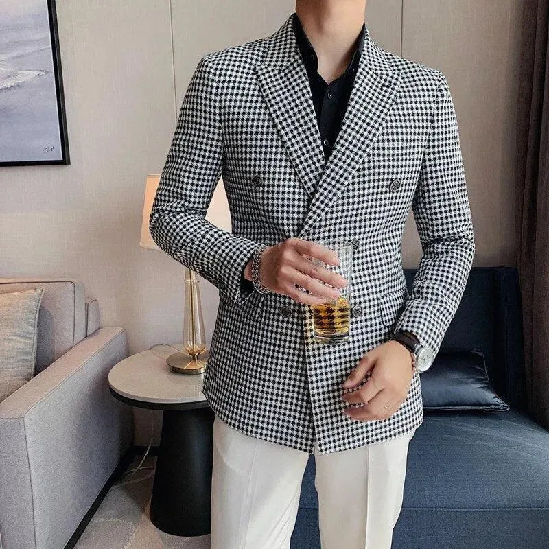 Men Blazer - Double-Breasted Houndstooth Blazer - Double-Breasted Blazer - LeStyleParfait