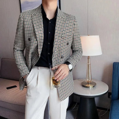 Men Blazer - Double-Breasted Houndstooth Blazer - Double-Breasted Blazer - LeStyleParfait