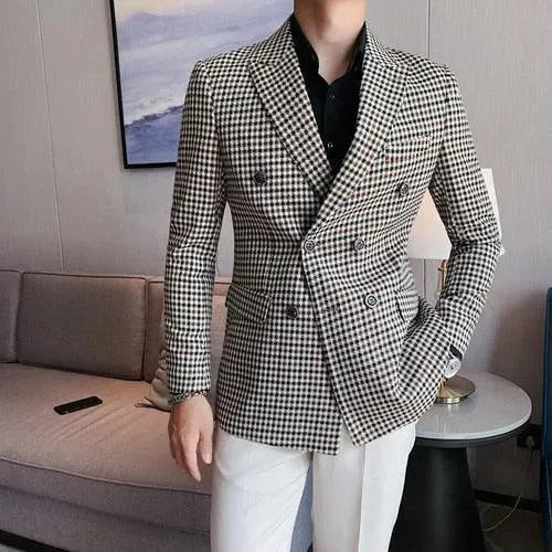 Men Blazer - Double-Breasted Houndstooth Blazer - Double-Breasted Blazer - LeStyleParfait