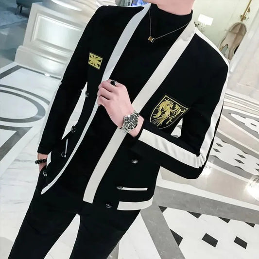 LeStyleParfait Men Blazer Double-Breasted V-Neck Long Sleeves Embroidered-Men's Blazer