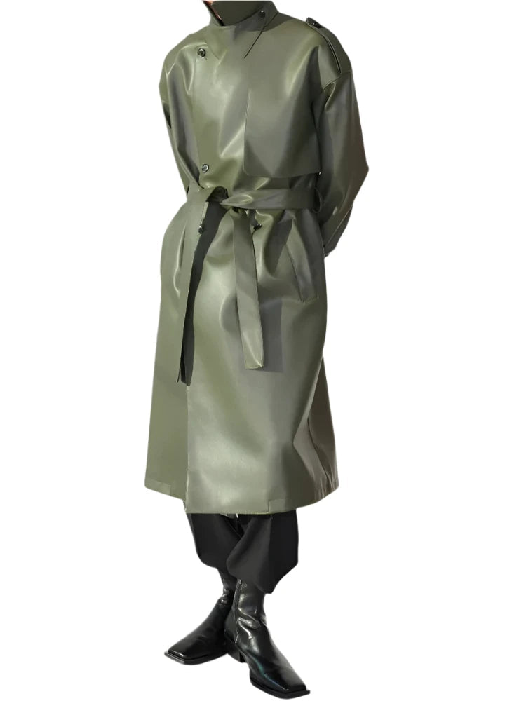 Men's Casual Belted Leather Overcoat - Overcoat - LeStyleParfait