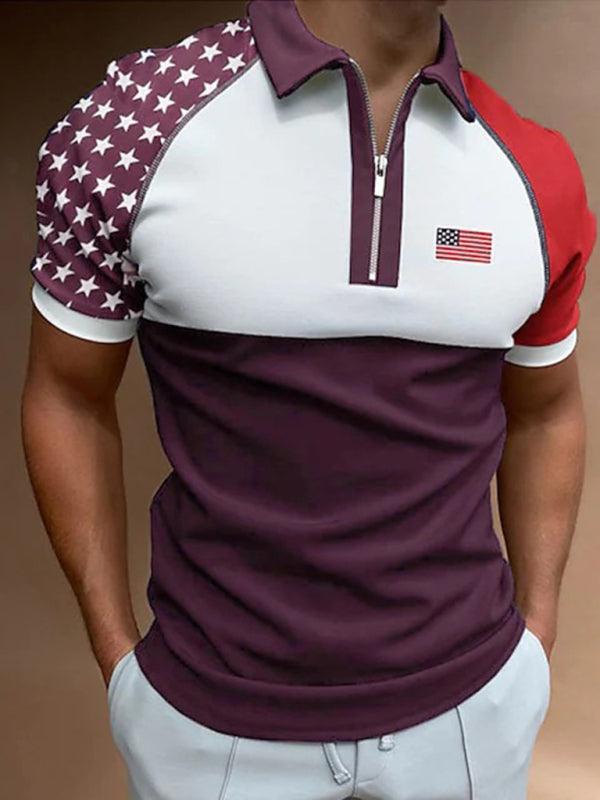 Men's Color Contrasting Flag Print Short Sleeve Zip Lapel Polo Shirt - - LeStyleParfait