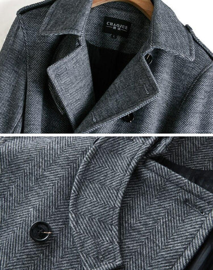 Men's Herringbone Winter Coat - Double-Breasted Casual Jacket - Trench Coat - LeStyleParfait