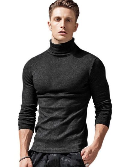 Men's long-sleeved solid color turtleneck bottoming T-shirt top - - LeStyleParfait