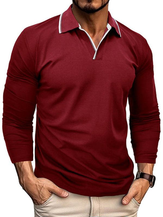 Men's new long-sleeved V-neck lapel contrasting color POLO shirt - - LeStyleParfait