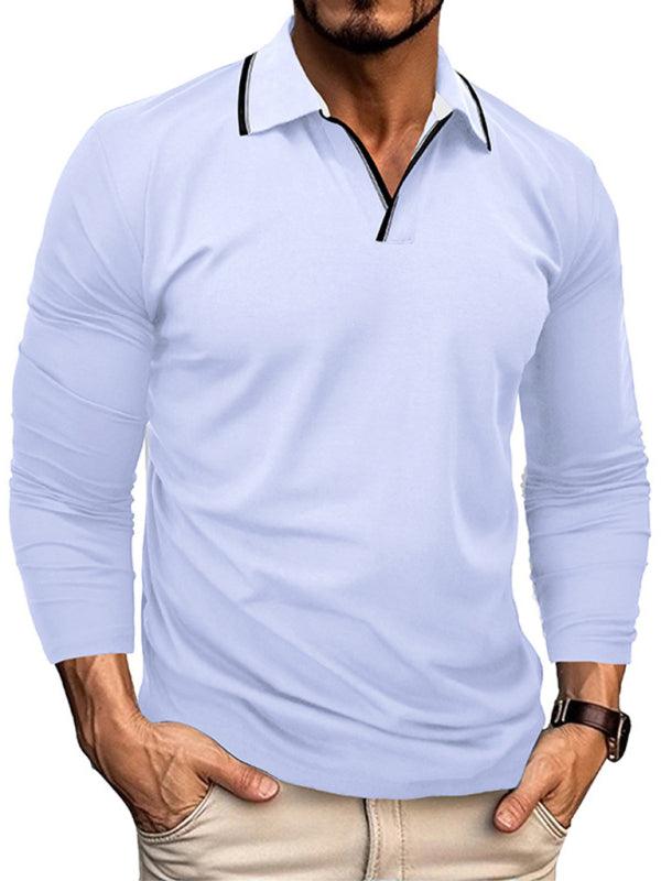 Men's new long-sleeved V-neck lapel contrasting color POLO shirt - - LeStyleParfait