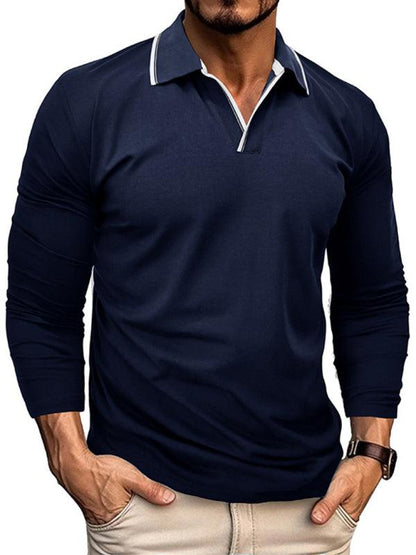 Men's new long-sleeved V-neck lapel contrasting color POLO shirt - - LeStyleParfait