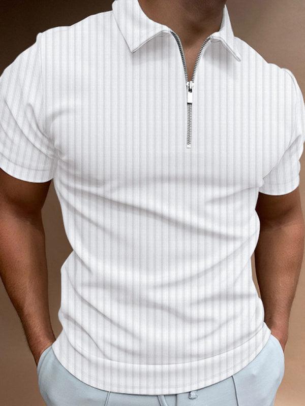 Men's new zipper striped short-sleeved lapel casual polo shirt - - LeStyleParfait