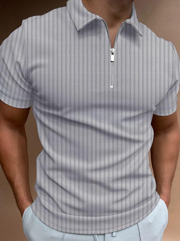 Men's new zipper striped short-sleeved lapel casual polo shirt - - LeStyleParfait