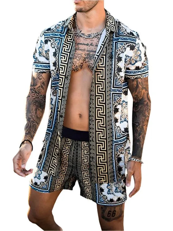 Men's Printed Lapel Casual Set - Shorts Set - LeStyleParfait