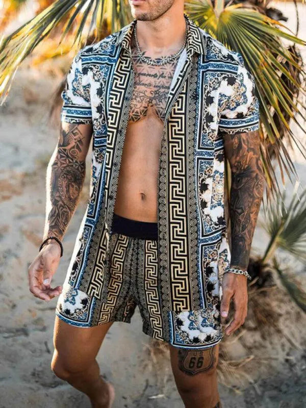 Men's Printed Lapel Casual Set - Shorts Set - LeStyleParfait