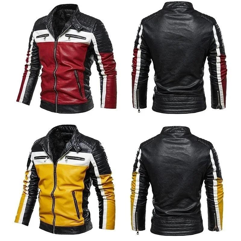 Men's PU Leather Patchwork Biker Jacket - Leather Biker Jacket - LeStyleParfait