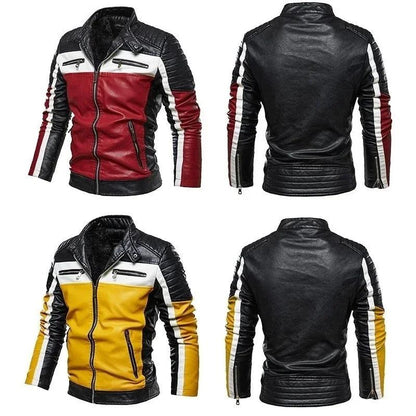 Men's PU Leather Patchwork Biker Jacket - Leather Biker Jacket - LeStyleParfait