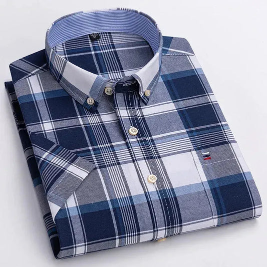 Men's Short Sleeve Plaid Cotton Shirt-Plaid Shirt-LeStyleParfait