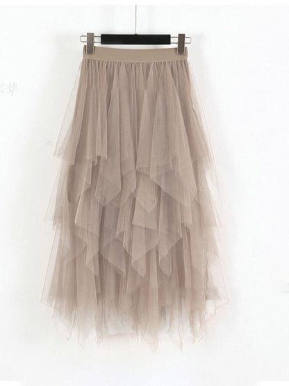 Mesh Splicing Skirt High Waist Slimming Solid Color Mid-length Fairy Skirt - - LeStyleParfait