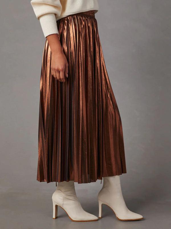 New Shiny Pleated High-waisted A-line Mid-length Skirt - - LeStyleParfait