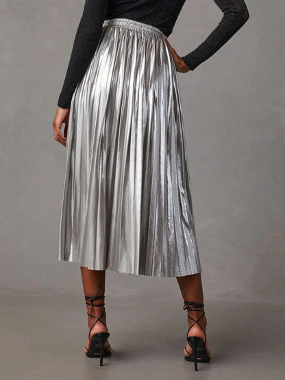 New Shiny Pleated High-waisted A-line Mid-length Skirt - - LeStyleParfait