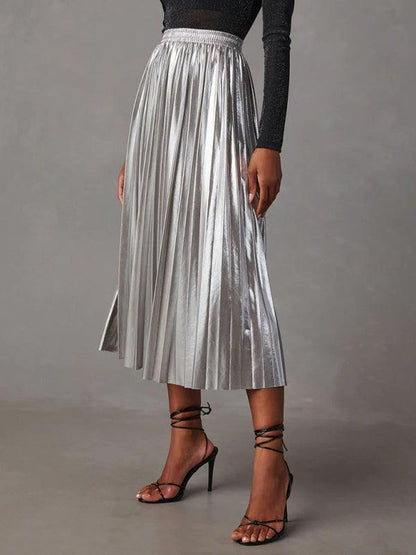 New Shiny Pleated High-waisted A-line Mid-length Skirt - - LeStyleParfait