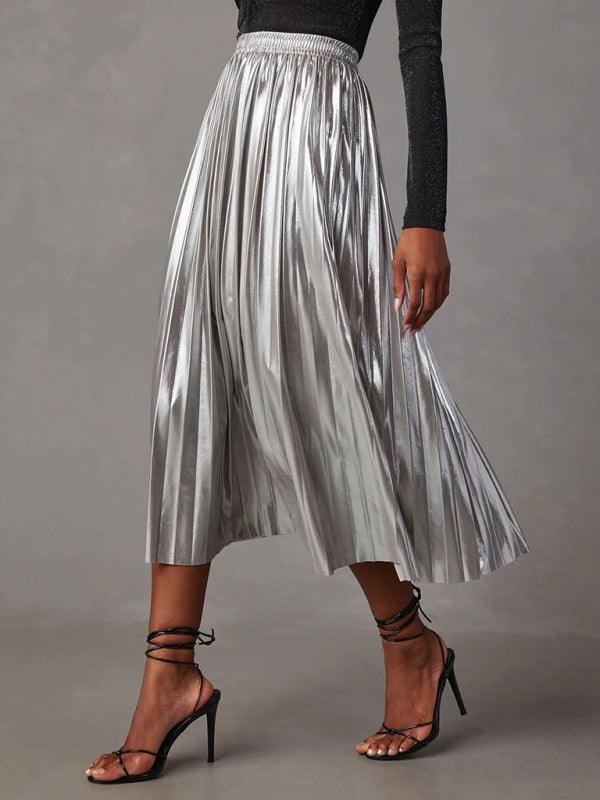 New Shiny Pleated High-waisted A-line Mid-length Skirt - - LeStyleParfait