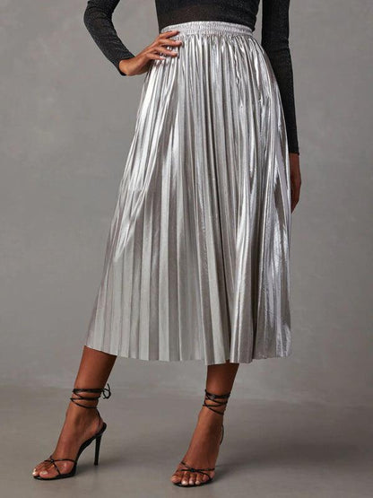 New Shiny Pleated High-waisted A-line Mid-length Skirt - - LeStyleParfait