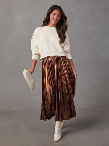 New Shiny Pleated High-waisted A-line Mid-length Skirt - - LeStyleParfait