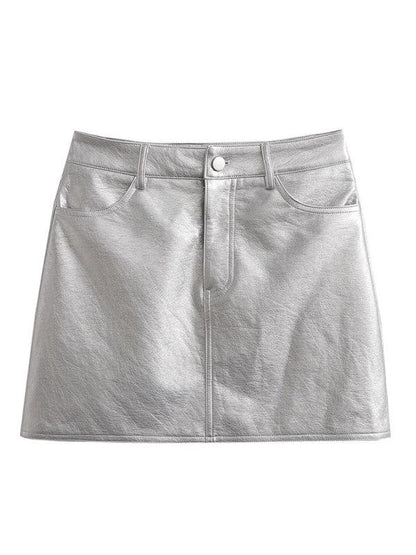 New Spice Girl Style High Waist Silver Short Leather Skirt Skirt - - LeStyleParfait