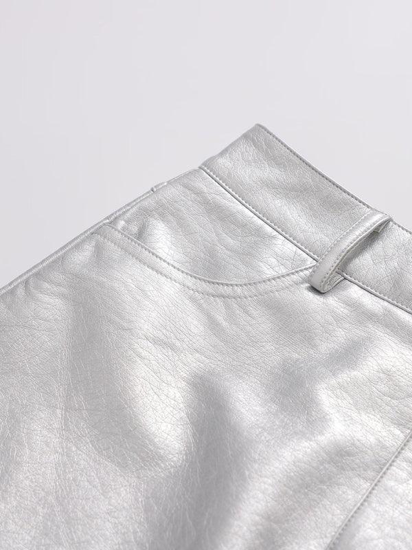 New Spice Girl Style High Waist Silver Short Leather Skirt Skirt - - LeStyleParfait