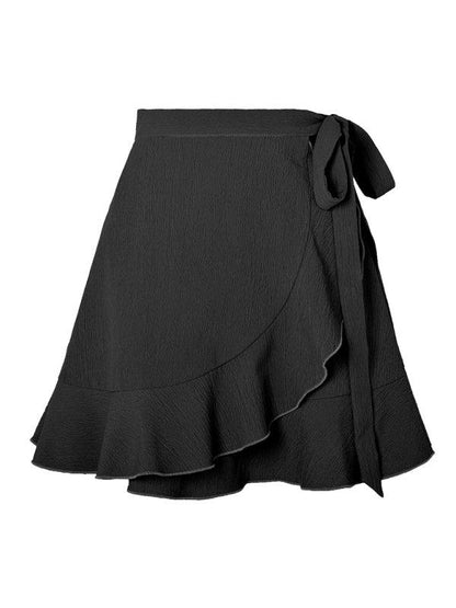 One Piece Tie Skirt High Waist Solid Ruffle Skirt - - LeStyleParfait