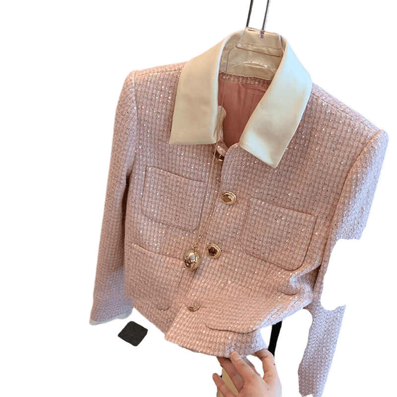 Patchwork Crop Tweed Jacket Women-Tweed Jacket-LeStyleParfait