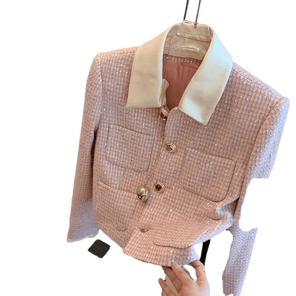 Patchwork Crop Tweed Jacket Women-Tweed Jacket-LeStyleParfait