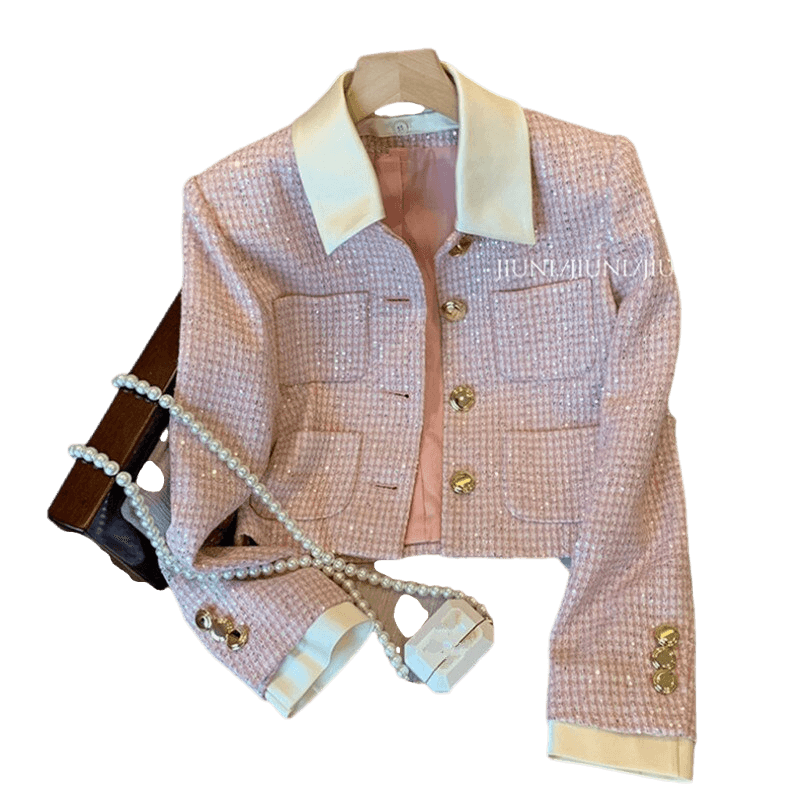 Patchwork Crop Tweed Jacket Women-Tweed Jacket-LeStyleParfait