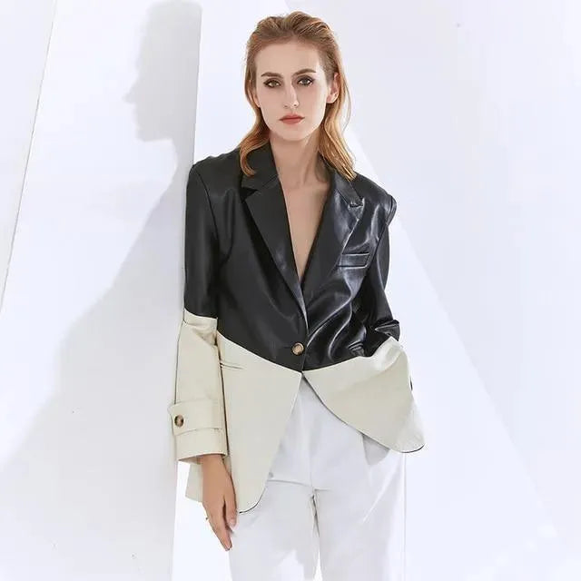 Patchwork PU Leather Blazer Women - Casual - Patchwork - Leather Blazer - LeStyleParfait