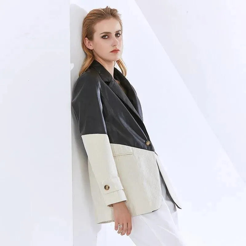 Patchwork PU Leather Blazer Women - Casual - Patchwork - Leather Blazer - LeStyleParfait