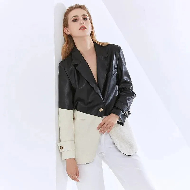 Patchwork PU Leather Blazer Women - Casual - Patchwork - Leather Blazer - LeStyleParfait