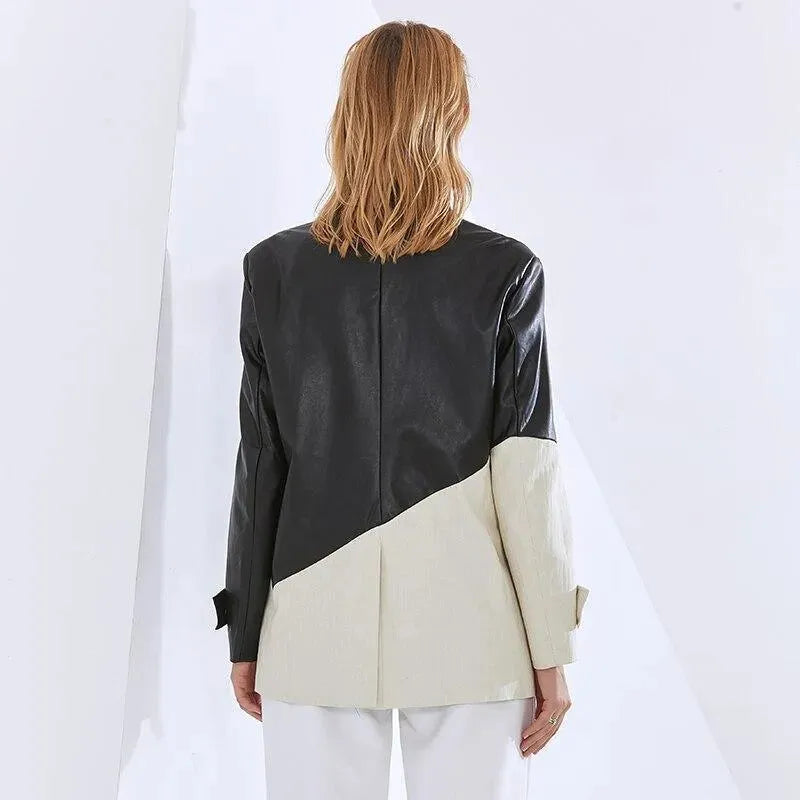 Patchwork PU Leather Blazer Women - Casual - Patchwork - Leather Blazer - LeStyleParfait