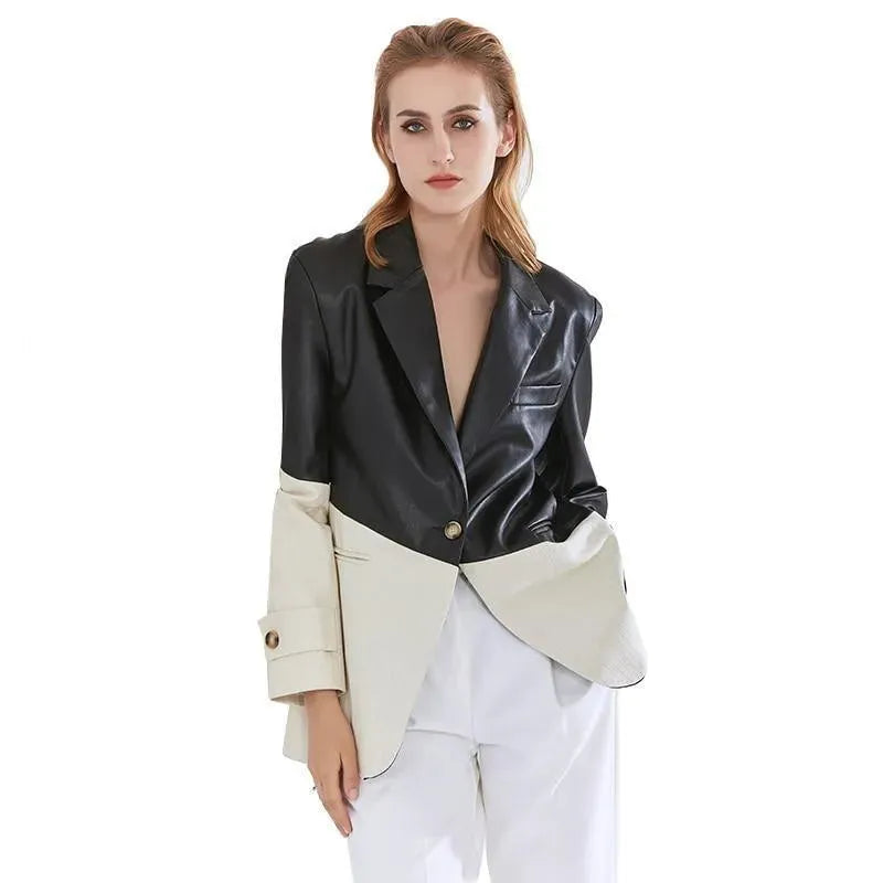 Patchwork PU Leather Blazer Women - Casual - Patchwork - Leather Blazer - LeStyleParfait