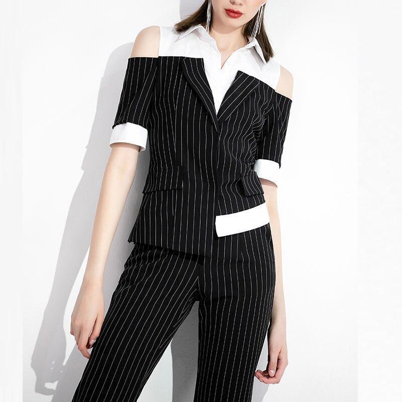 Pinstriped Black-White Pantsuits - Pantsuit - LeStyleParfait