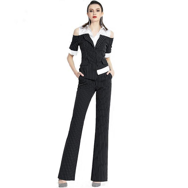 Pinstriped Black-White Pantsuits - Pantsuit - LeStyleParfait