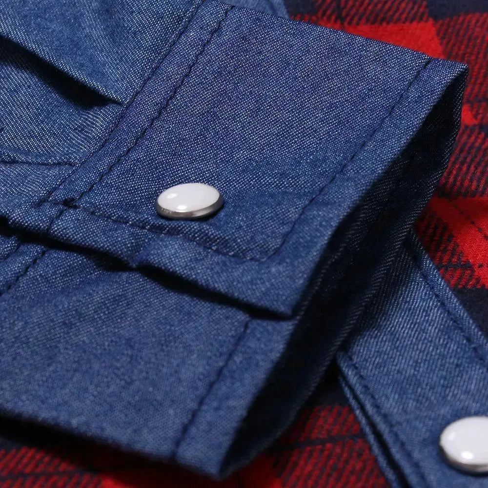 Plaid Casual Denim Shirt For Men, - Denim Shirt - LeStyleParfait