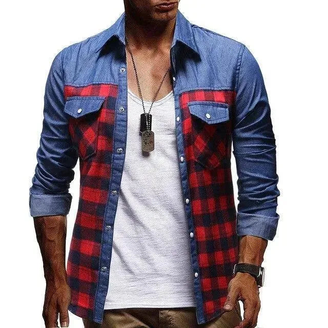 Plaid Casual Denim Shirt For Men, - Denim Shirt - LeStyleParfait