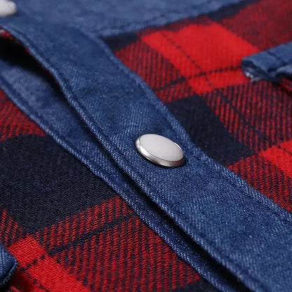 Plaid Casual Denim Shirt For Men, - Denim Shirt - LeStyleParfait