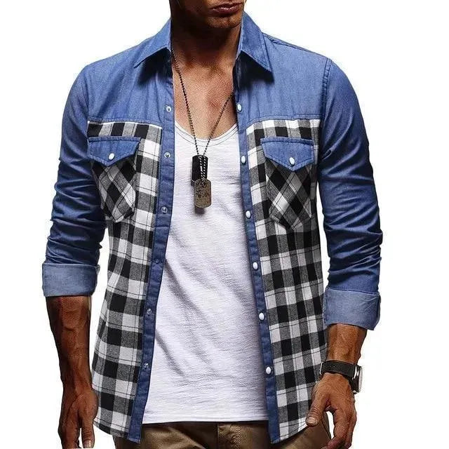 Plaid Casual Denim Shirt For Men, - Denim Shirt - LeStyleParfait