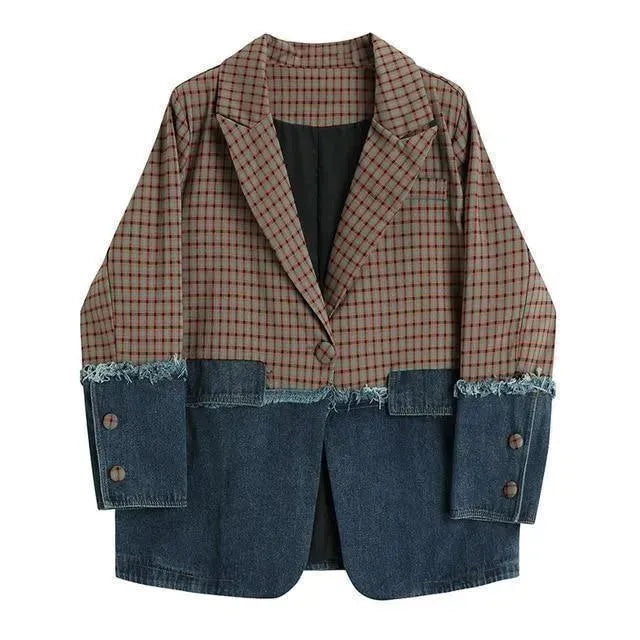 Plaid Denim Oversized Blazer Women - Casual - Patchwork - Denim Blazer - LeStyleParfait