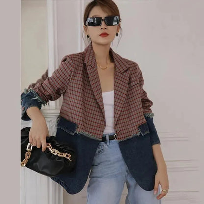 Plaid Denim Oversized Blazer Women - Casual - Patchwork - Denim Blazer - LeStyleParfait